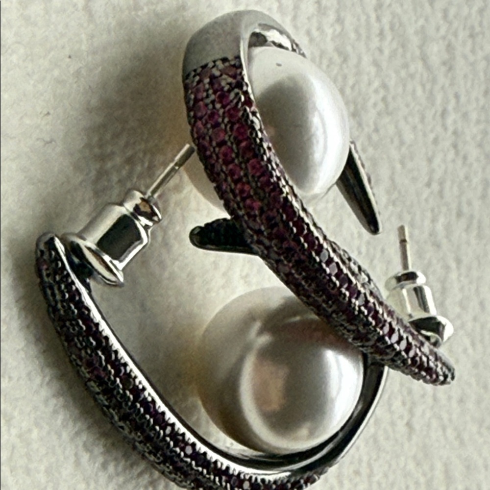 NEW - Pave - large Pearl Earrings with “Ruby stones”  gunmetal silver Tone